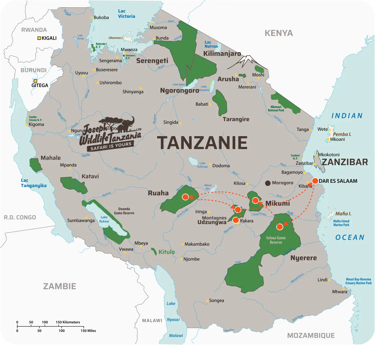 Carte de Tanzanie avec trajets dans les parcs du sud